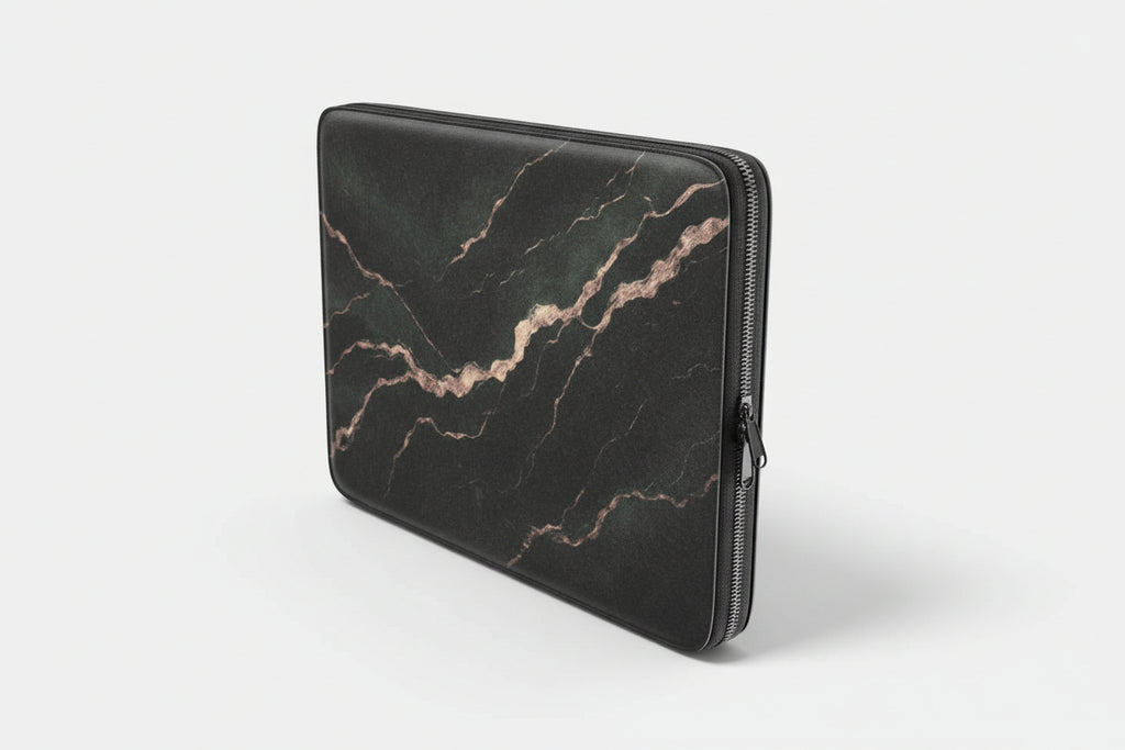 Black marble-patterned laptop sleeve on a white background