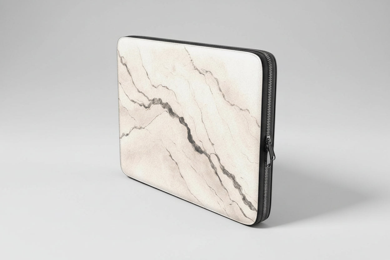 Marble-patterned laptop sleeve with a zipper on a white background